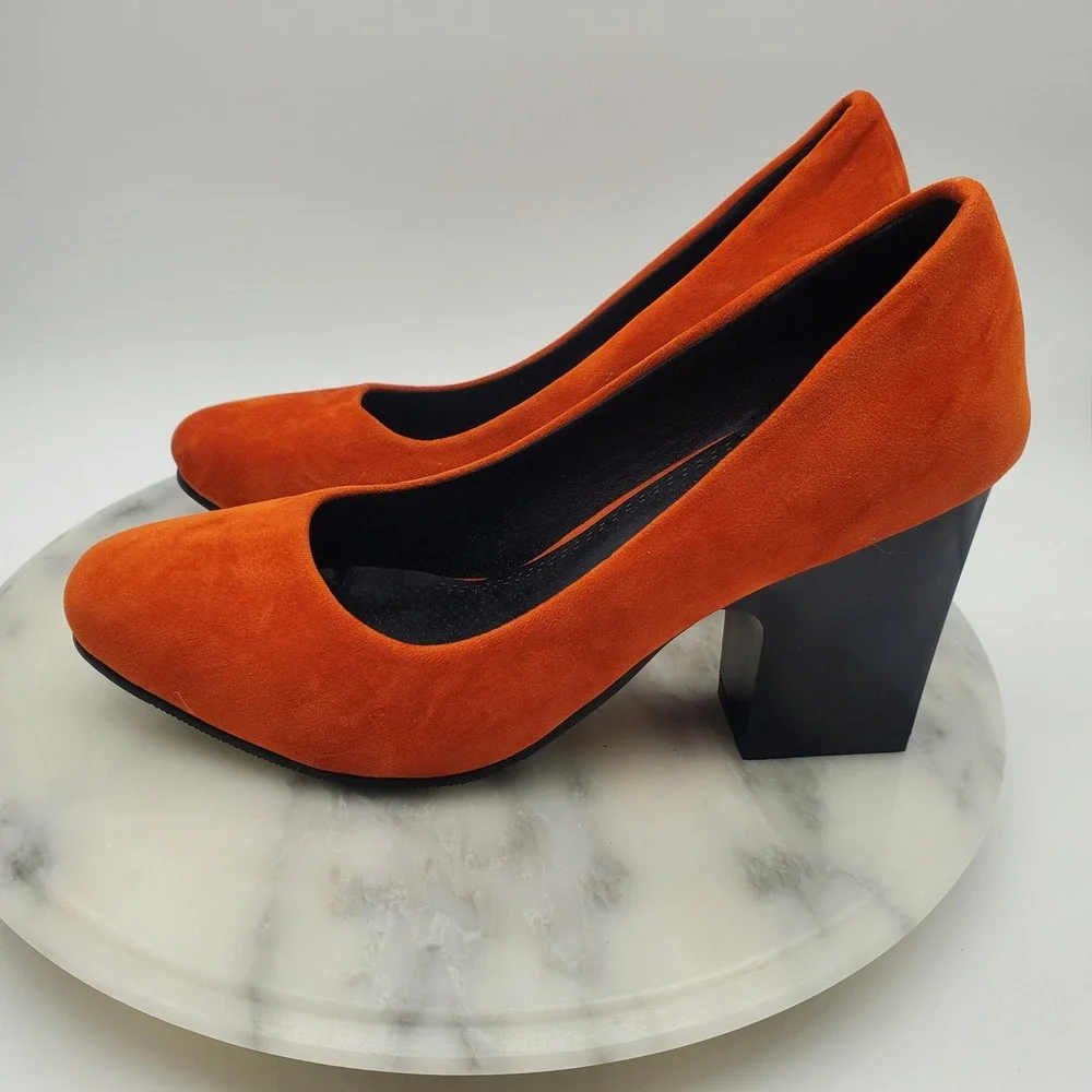 Vibrant Orange Suede Block Heel Pumps Round Toe Chunky High Heels Women Sz 6.5-7
